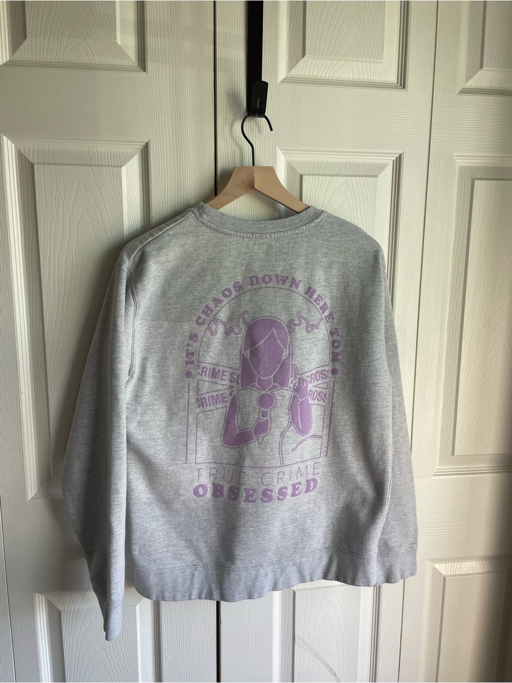 Official True Crime Obsessed Podcast Grey Crewneck Sweatshirt with Lilac Graphic - Picture 2 of 5